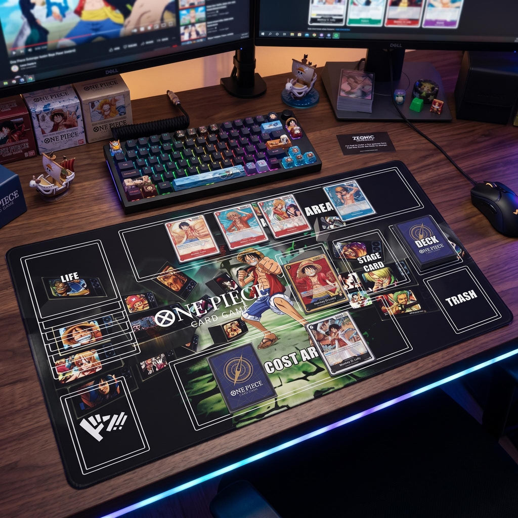 One Piece Card Game Playmat with Zones | Monkey D. Luffy Straw Hat Crew TV Aesthetic | TCG Desk Mat | 24x14" Gaming Mat