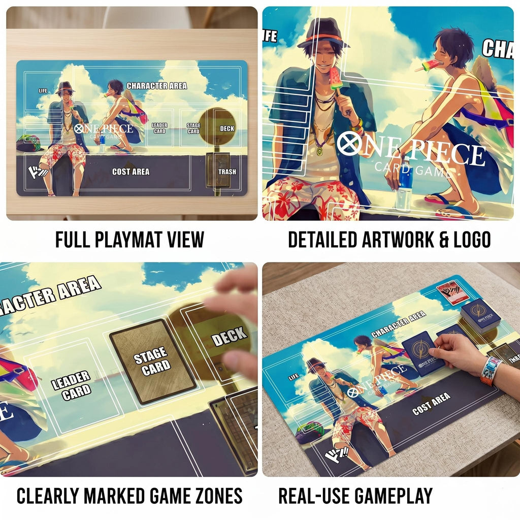 One Piece TCG Playmat with Zones - Luffy and Ace Summer Seaside Design - High-Quality Card Game Mat - TCG Accessories-Anime Gaming Desk Mat