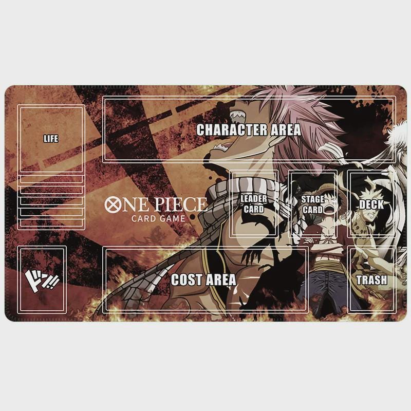 Custom Anime Crossover Playmat for One Piece TCG - OPTCG Mat with Zones - Natsu, Luffy, Naruto, Gintoki Multiverse Design - 24" x 14"