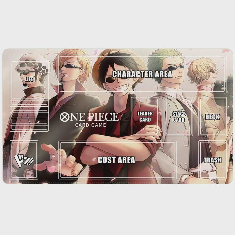 One Piece TCG Playmat - Luffy Zoro Sanji Law Suit - Custom Card Game Mat with Zones - High Quality 24x14 Stitched Edge - Anime Gaming Mat
