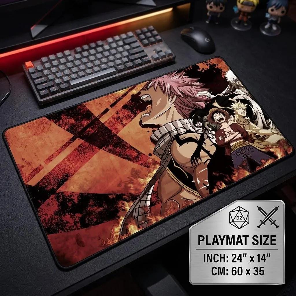 Custom Anime Crossover Playmat for One Piece TCG - OPTCG Mat with Zones - Natsu, Luffy, Naruto, Gintoki Multiverse Design - 24" x 14"