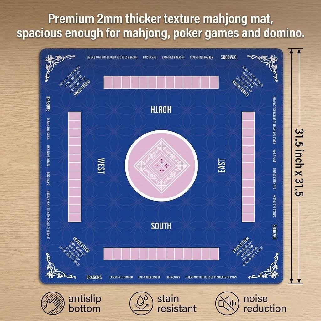 Custom Mahjong Mat Royal Blue, Non-Slip Noise Reduction Gaming Mat 31.5x31.5 Inch for Mahjong/Poker/Board Games/Card Games/Dominoes (Blue)